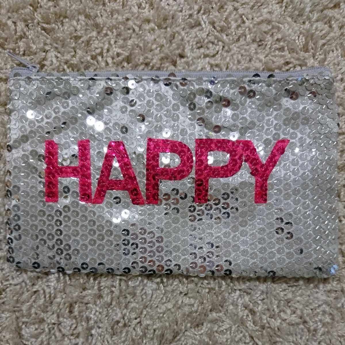 【訳アリ・未使用】スパンコール フラットポーチ キラキラポーチ HAPPY シルバー×ピンク拍卖
