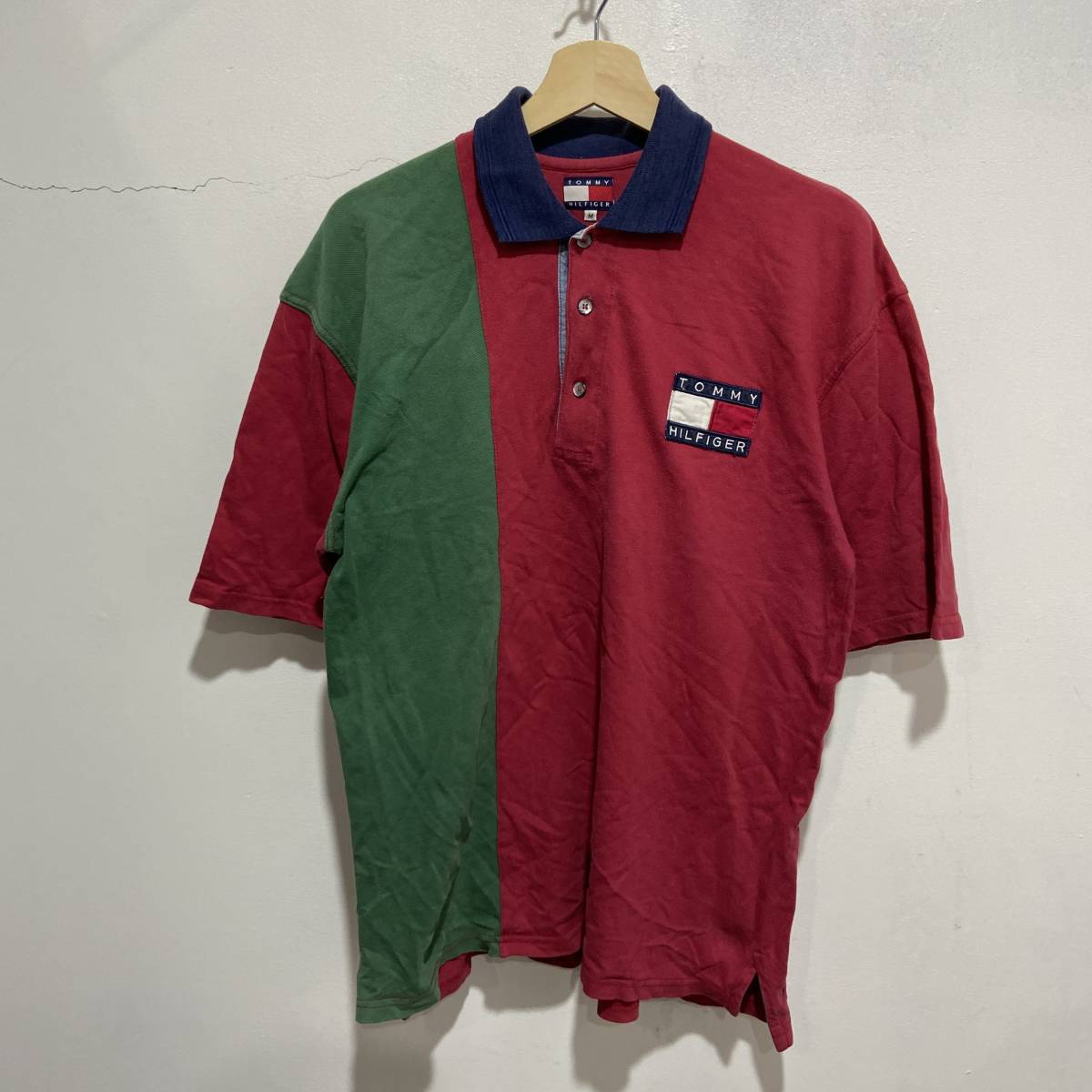 ☆送料無料☆TOMMY HILFIGER☆パネル切替えポロシャツ☆M☆ワッペン☆90s☆H21☆c拍卖