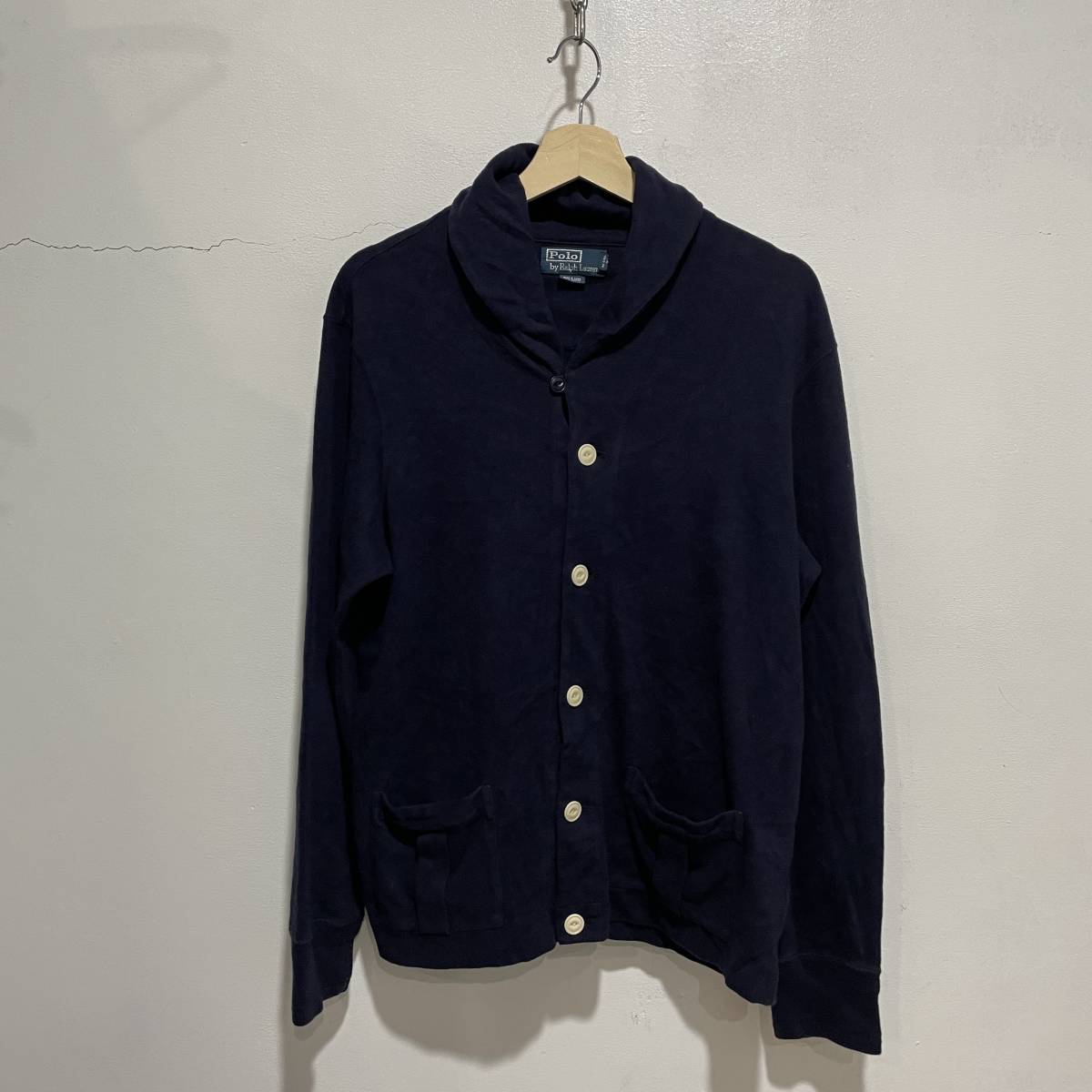 送料無料☆RalphLauren☆リブ編みカットソー地☆ショールカラースウェットカーディガン☆ネイビー☆L☆D8☆c拍卖