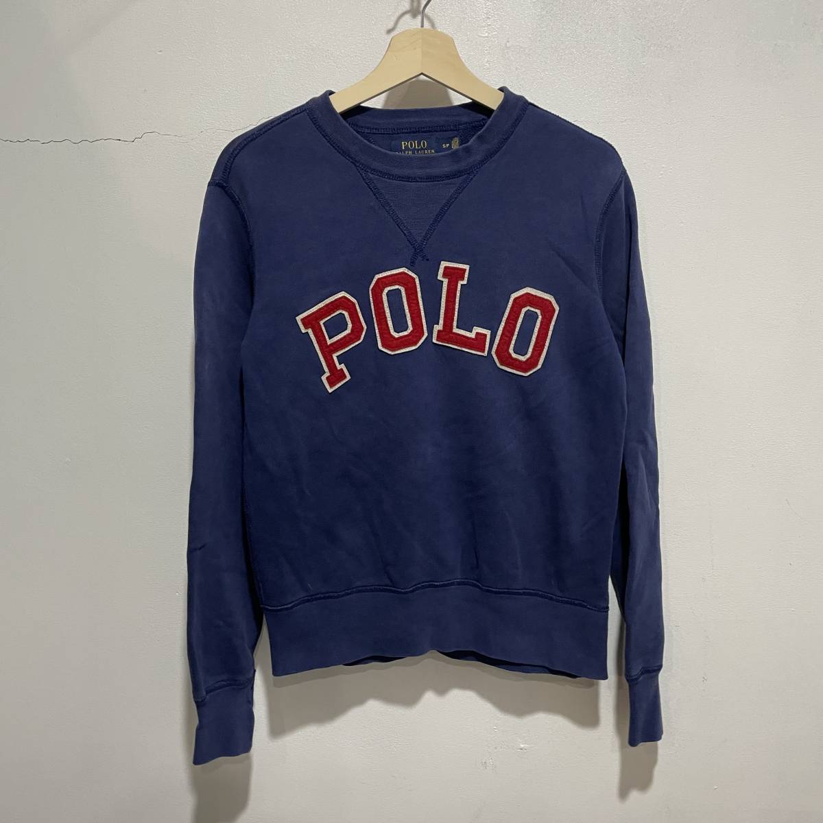 ☆送料無料☆POLO☆ラルフローレン☆スウェット☆フェルト☆ロゴワッペン☆トレーナー☆両V☆クルーネック☆ネイビー☆S☆c拍卖