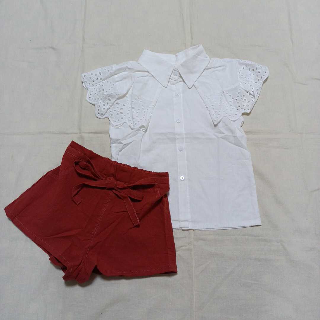 【未使用】【訳あり】 子供服 子供 女の子 90 セットアップ 上下セット ノースリーブ シャツ ショートパンツ アイレットレース シンプル拍卖