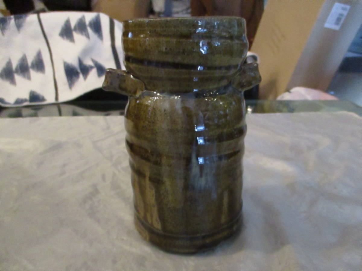 ■唐津焼 朝鮮唐津 耳付花入 花瓶 三玄窯 中里重利 本人作 茶道具 共箱有■拍卖