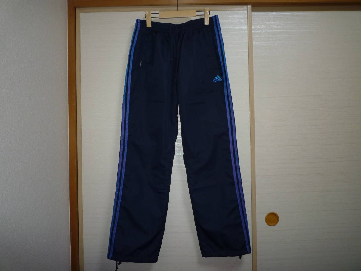 アディダス 裏起毛ナイロンウォーマーパンツ紺×青 Oサイズ拍卖