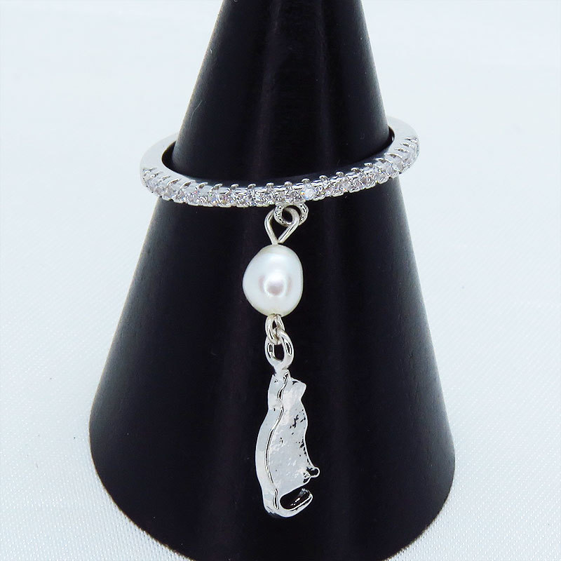 シルバー925 シンプルで可愛い猫モチーフと淡水パールのエタニティリング キュービックジルコニア サイズ13号 SV925 スターリングシルバー拍卖