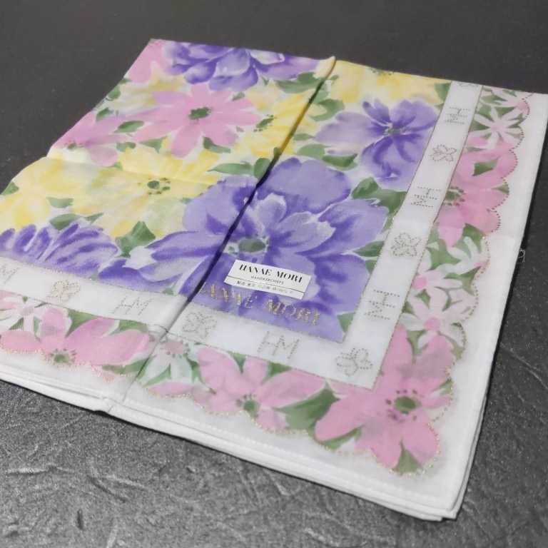 ハナエ・モリ ハンカチ 44×45cm 綿100% 花柄 パープル×ピンク×イエロー /川辺拍卖