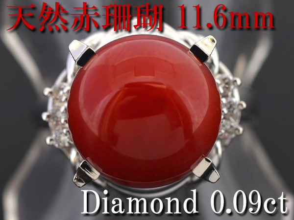 J173【BSJJ】Pt900 天然赤珊瑚 丸珠 11.6mm ダイヤモンド 0.09ct プラチナ リング サンゴ さんご 宝石鑑別書 中央宝石研究所 13号 本物拍卖