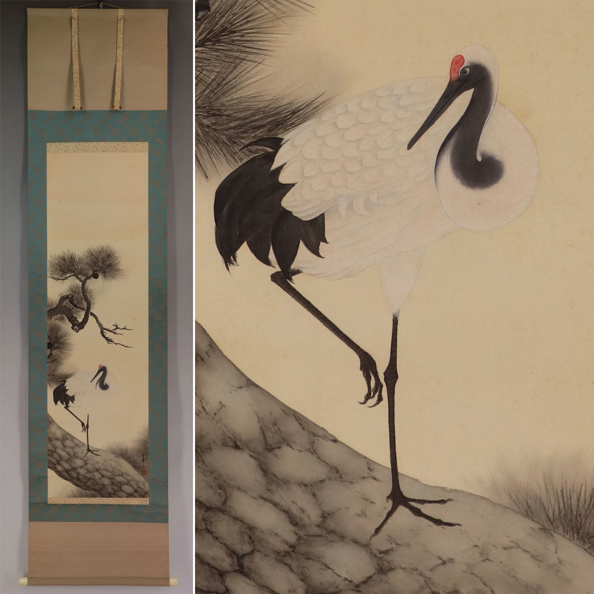 【真作】八木岡春山【松上瑞鶴】◆絹本◆共箱◆掛軸 v11131拍卖