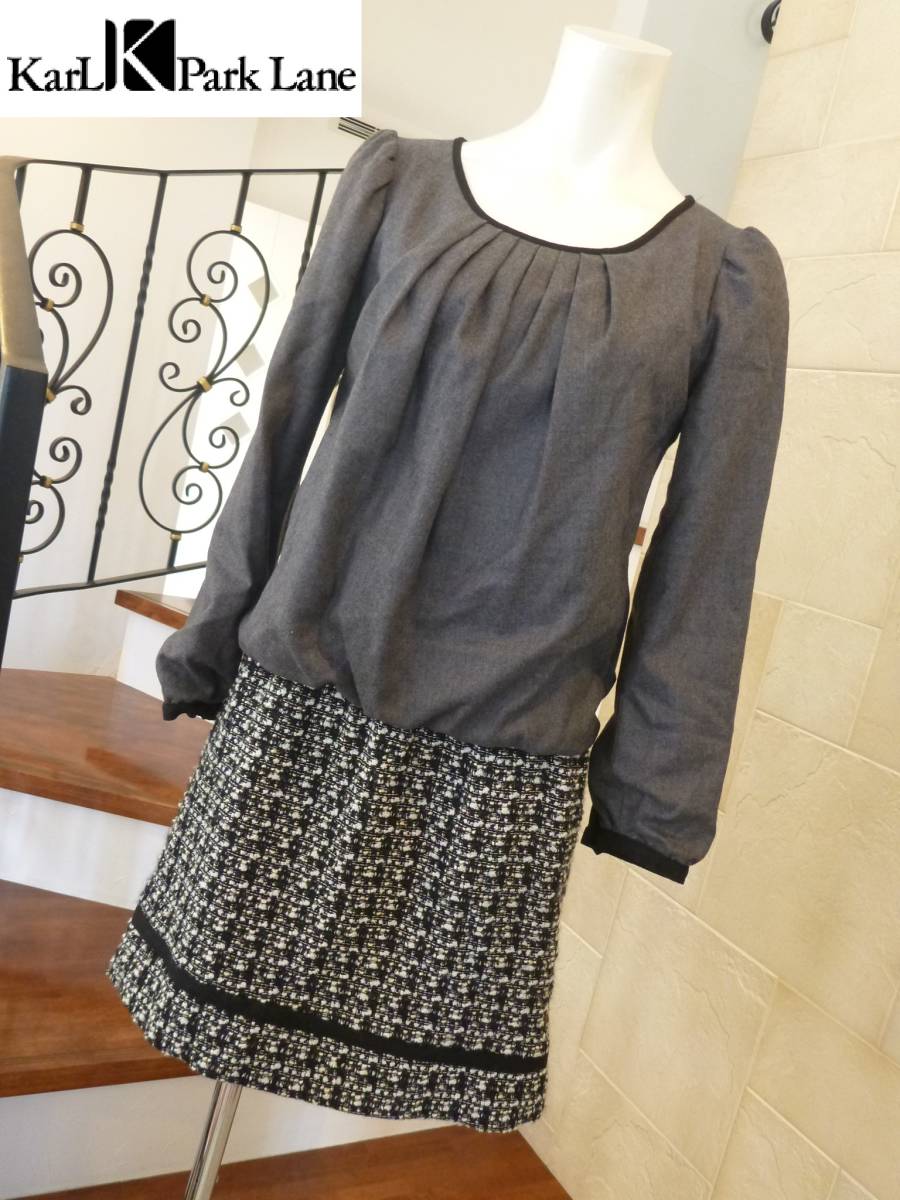 2万 美品 カールパークレーン(Karl Park Lane)★グレー×黒白ツイード ワンピース 7 S相当拍卖