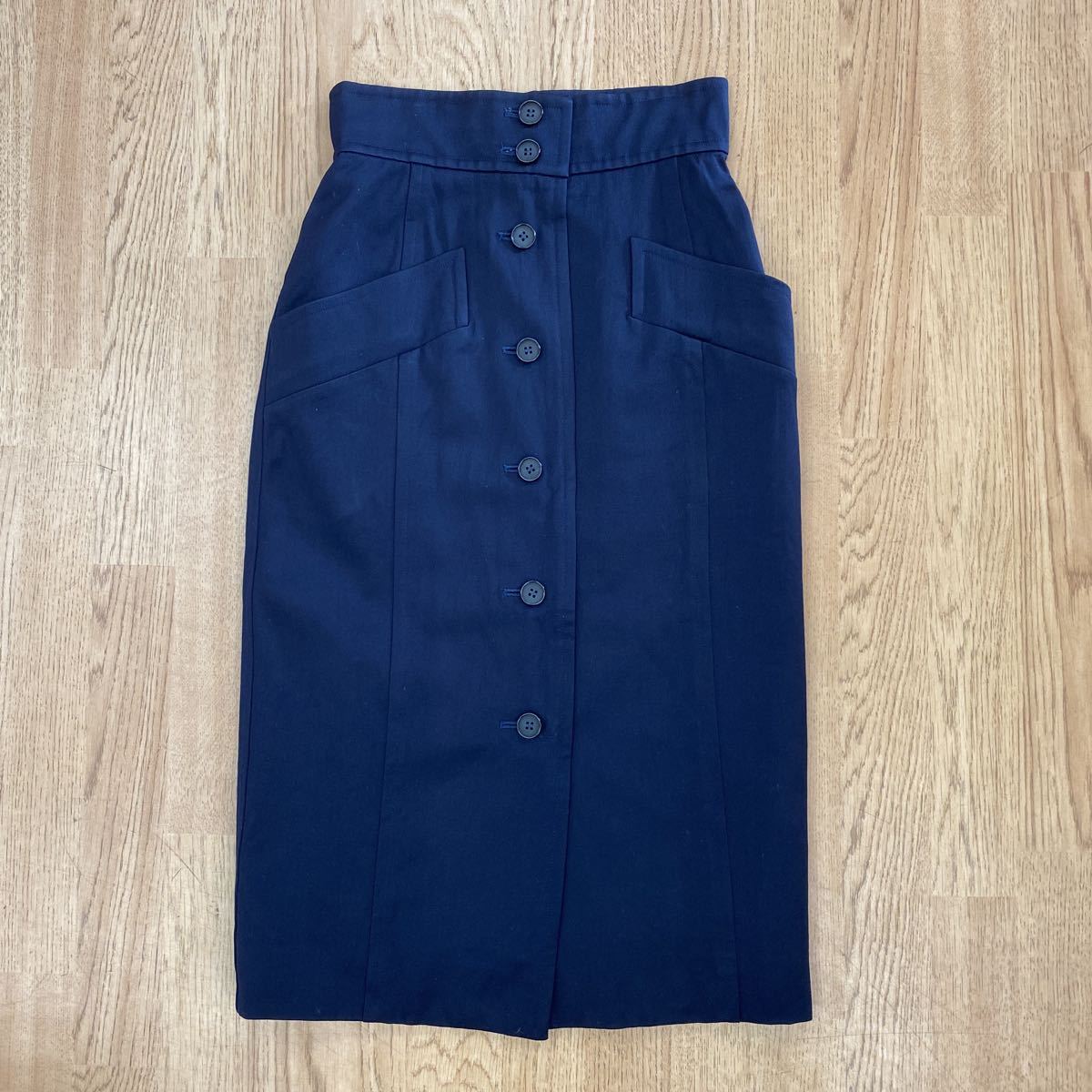 【サイズM】Vintage イヴサンローラン Yves Saint Laurent ウール 毛素材 タイトスカート ネイビー 紺 ビンテージ ウールスカート ミモレ丈拍卖