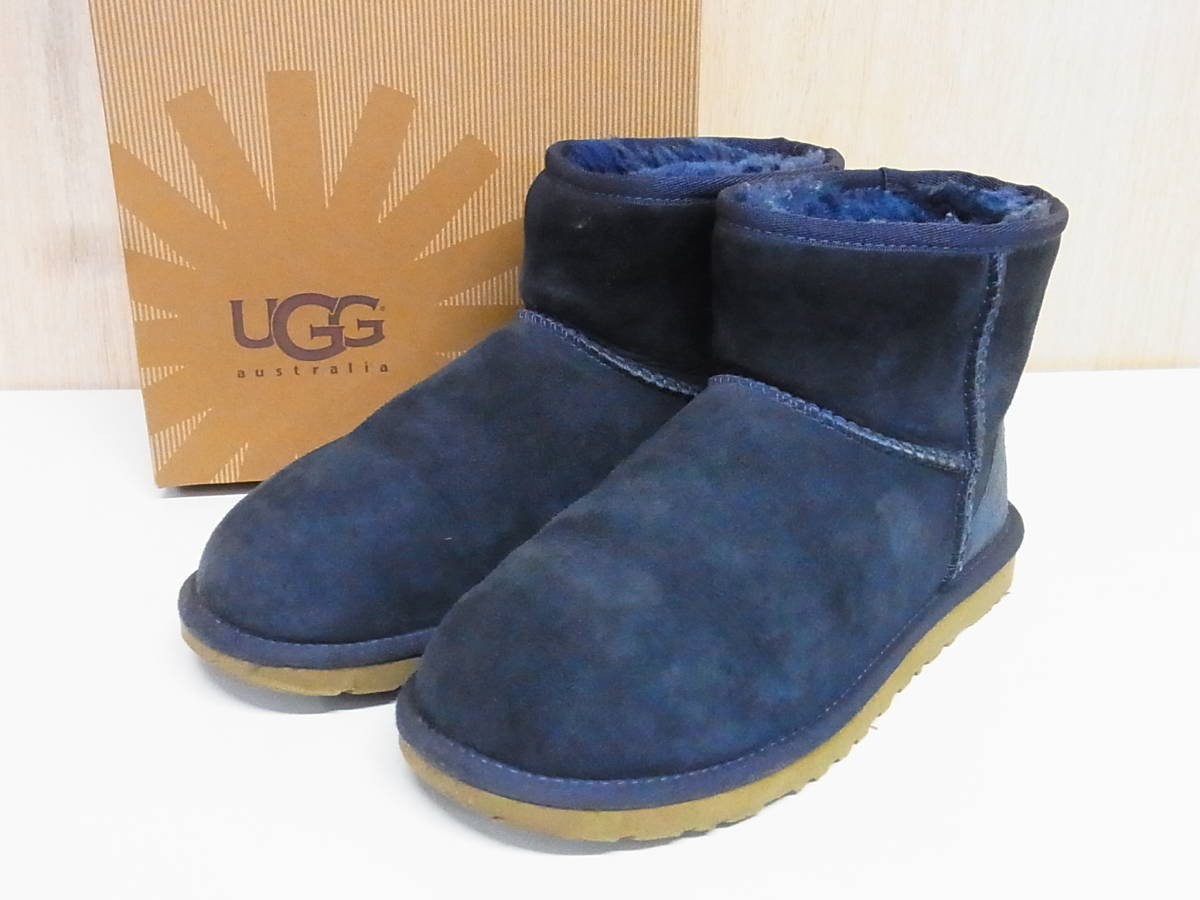 TS 綺麗 UGG AUSTRALIA アグオーストラリア W CLASSIC MINI ムートンレザー ブーツ 紺 サイズ4 靴19拍卖