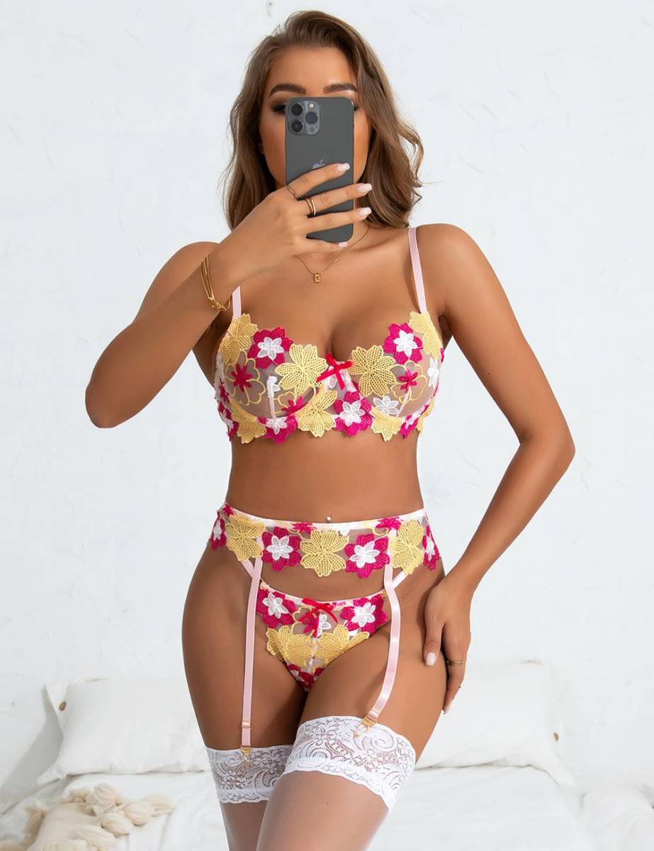 81093 Mサイズ ブラジャー ショーツ ガーターベルト セット セクシーランジェリー 下着 花柄拍卖
