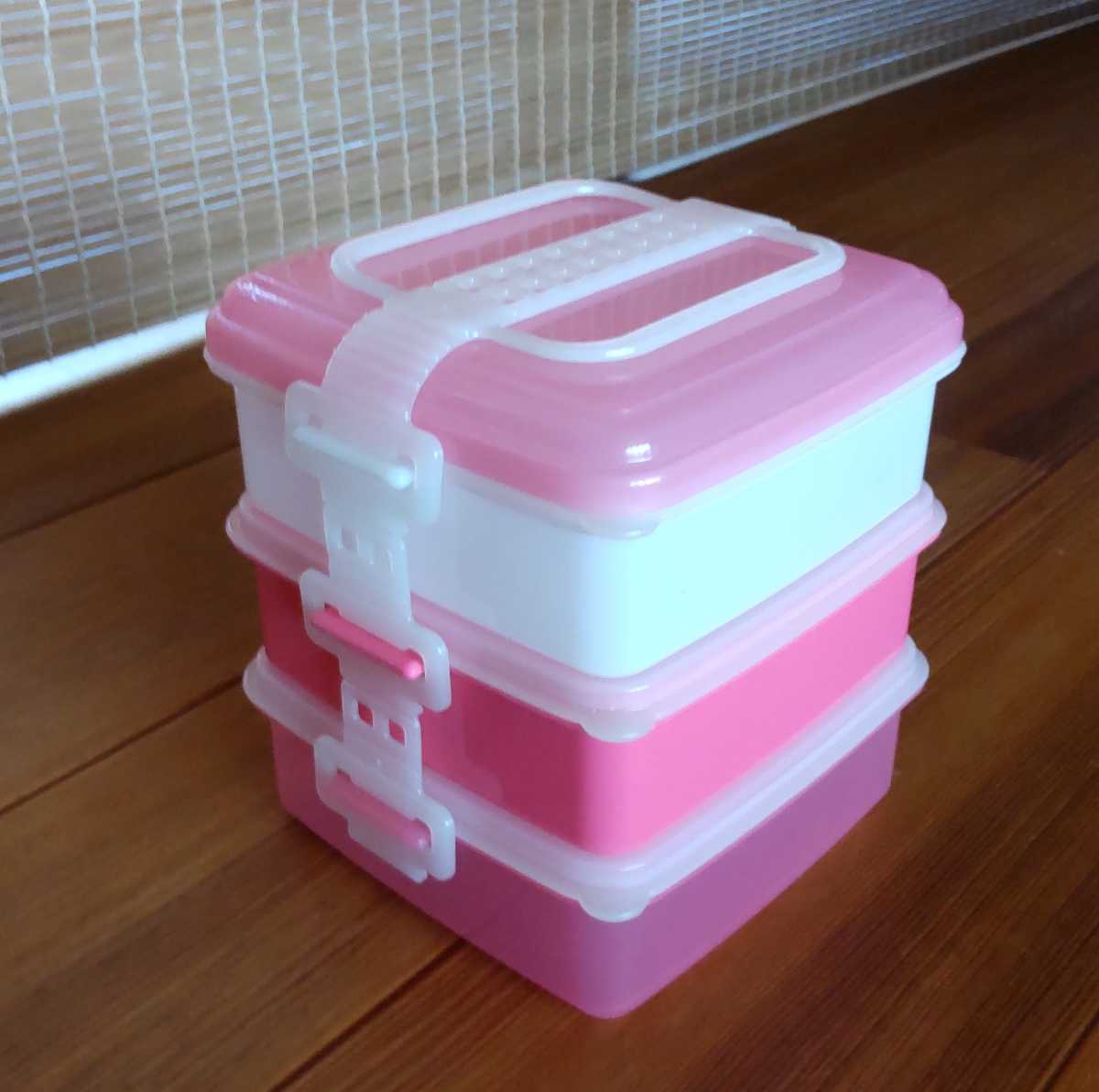 ★スタック式 ピクニック ランチボックス 3段 ピンク 日本製★拍卖