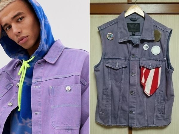 VICTORIOUS デニムベスト Gジャン デニムジャケット パンクス 紫 パープル オーバーサイズ ブリーチ Levi’s Lee Wrangler拍卖