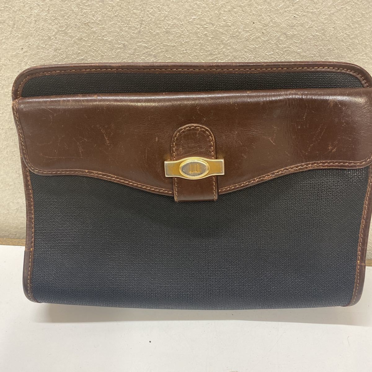 dunhill/ダンヒル ★ クラッチバッグ ★ レザー ×PU(合成皮革素材) ★黒×こげ茶 ★全長約36㎝に拍卖