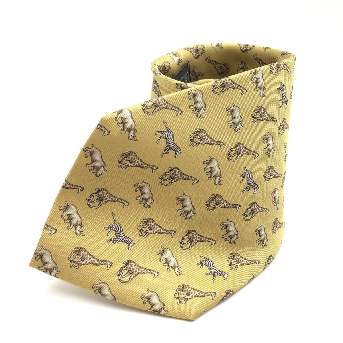送料無料 ハンティングワールド HUNTING WORLD ネクタイ 動物柄 総柄 正装 服飾 小物 スーツ 絹 シルク100% 伊製 イタリア製 黄系 メンズ拍卖