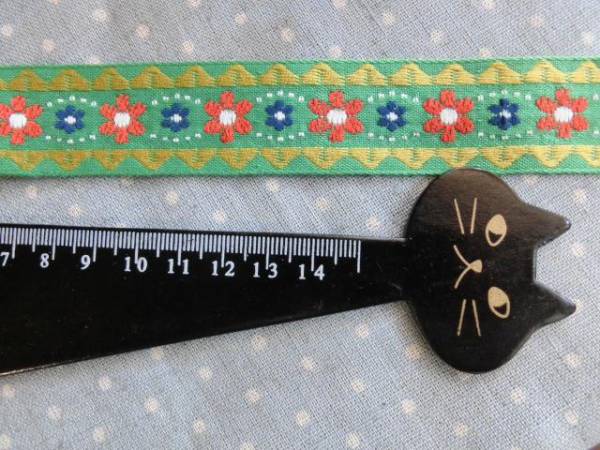 レトロビンテージ手芸雑貨*防縮チロリアンテープ・グリーンお花・長さ100㎝~延長可☆刺繍リボンリメイク拍卖