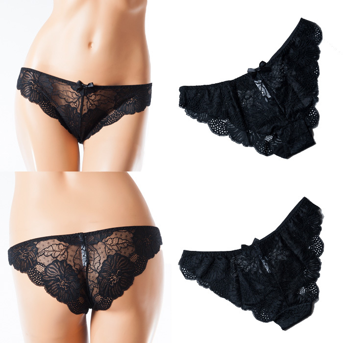 花柄レースのフルバックパンティ ブラック拍卖