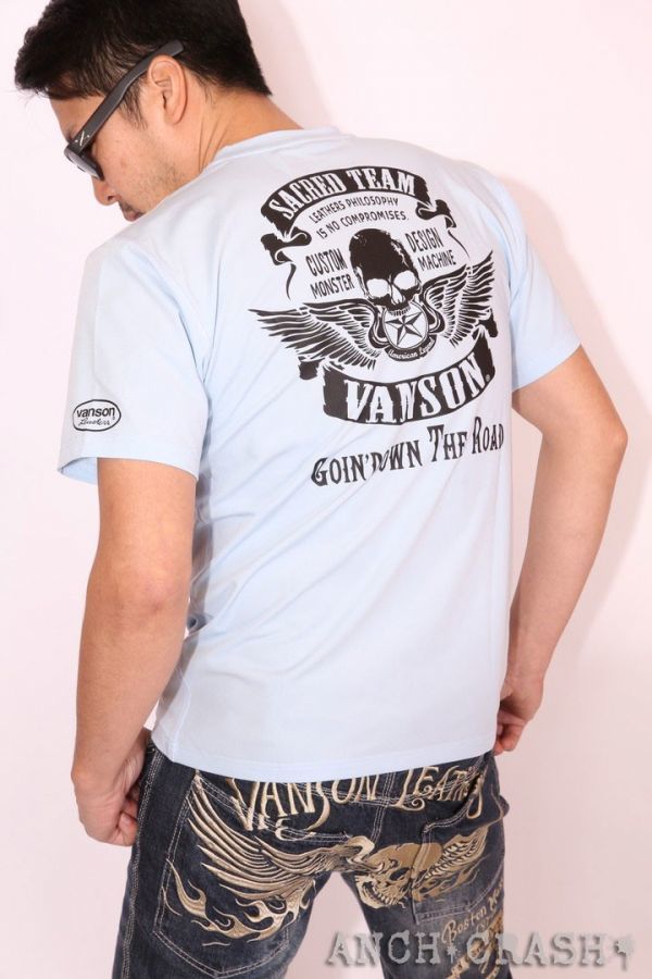 当店別注 VANSON ドライ 半袖Tシャツ ACV-903 サックス【XXLサイズ】スカルウィング 吸汗速乾 抗菌防臭 UVカット バンソン ハーレー拍卖