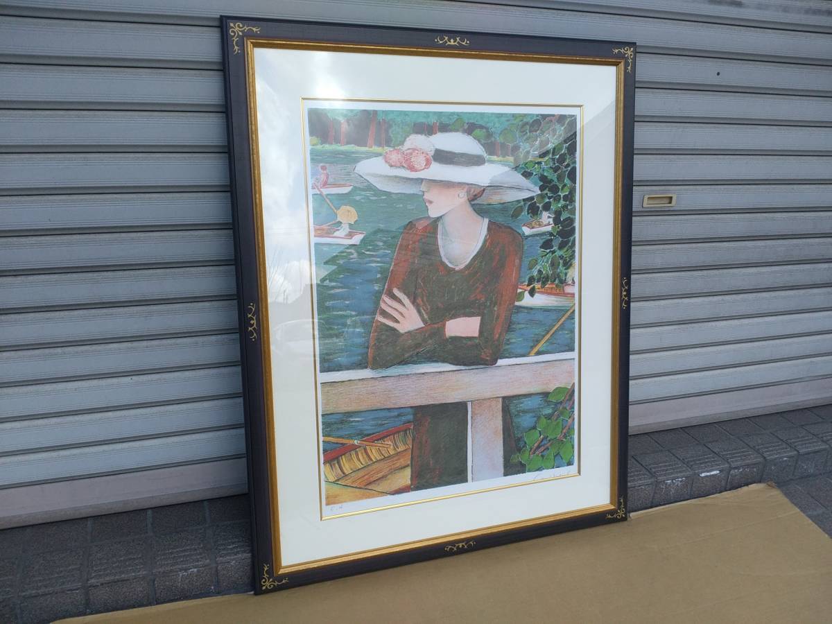 〇 カシニョール 森の小舟 リトグラフ / 美術品 額装 人物画 女性 絵画 インテリア アート 壁掛け 飾り物 複製 レプリカ 模写 限定拍卖