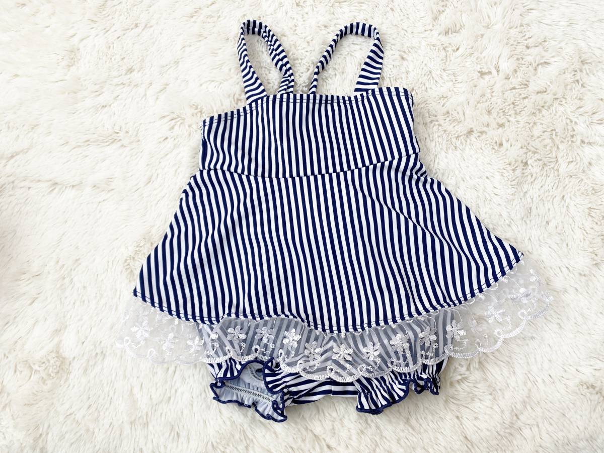 ベビー*女の子水着95サイズ:裾レースがちらりスカート水着*かぼちゃパンツワンピース水着:紺x白拍卖