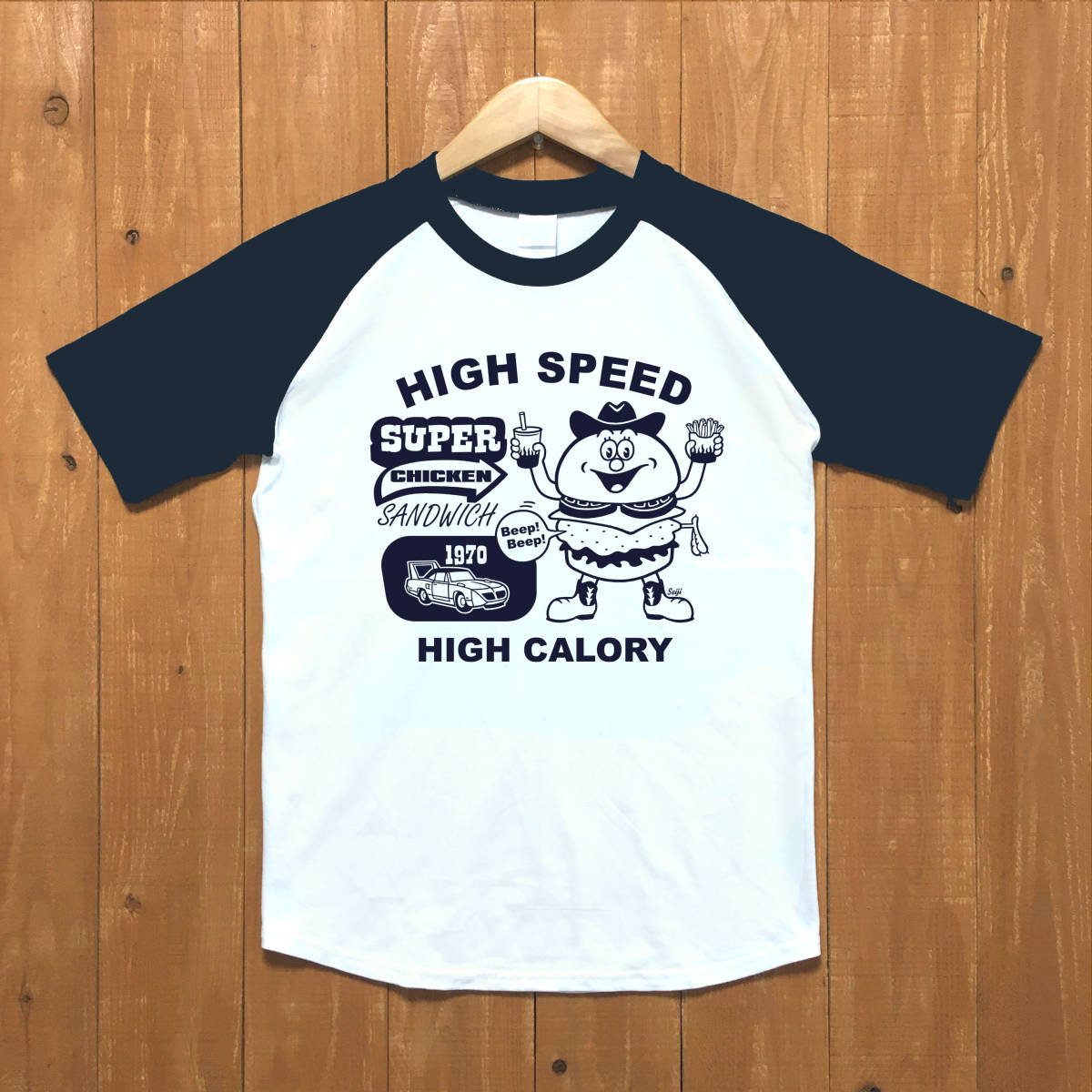 ■SUPER CHICKEN ラグランTシャツ■Sサイズ(ネイビー袖xネイビー) アメ車 ハンバーガー モパ- MOPAR PLYMOUTH ROADRUNNER HAMBURGER拍卖