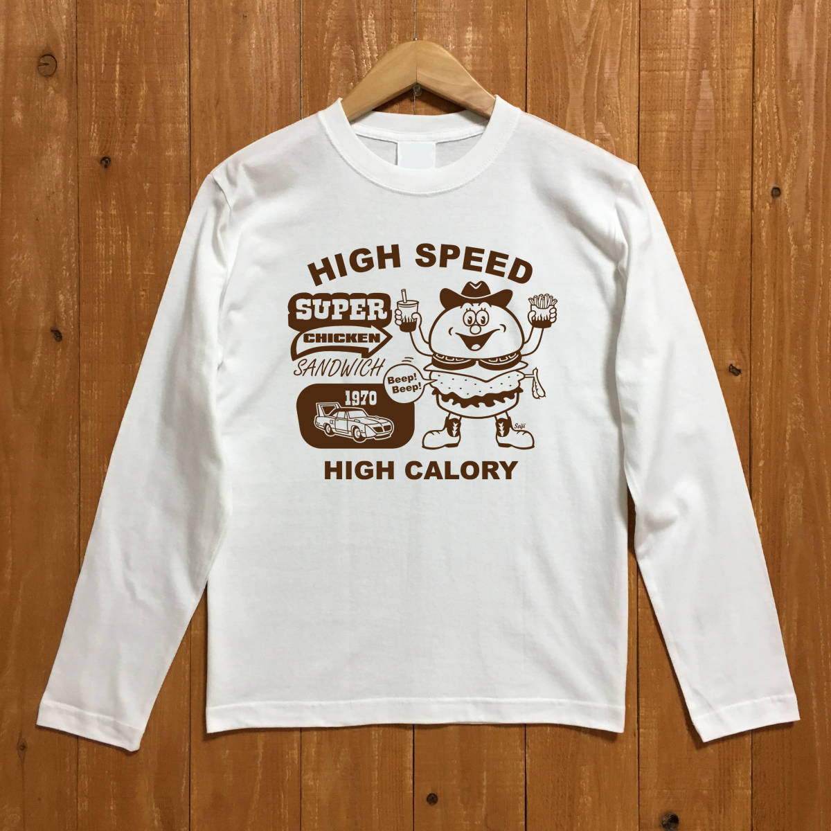 ■ SUPER CHICKEN ロンT■Lサイズ(ホワイトxブラウン)アメリカ アメ車 モパ- ハンバーガー MOPAR PLYMOUTH ROADRUNNER HAMBURGER拍卖