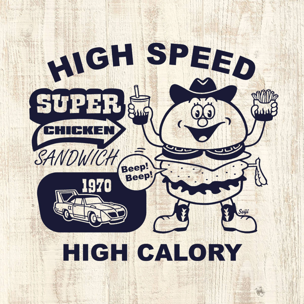 ■ SUPER CHICKEN Tシャツ■レディースLサイズ相当(ホワイトxネイビー)アメ車 アメリカン雑貨 モパ- ロードランナ- MOPAR拍卖