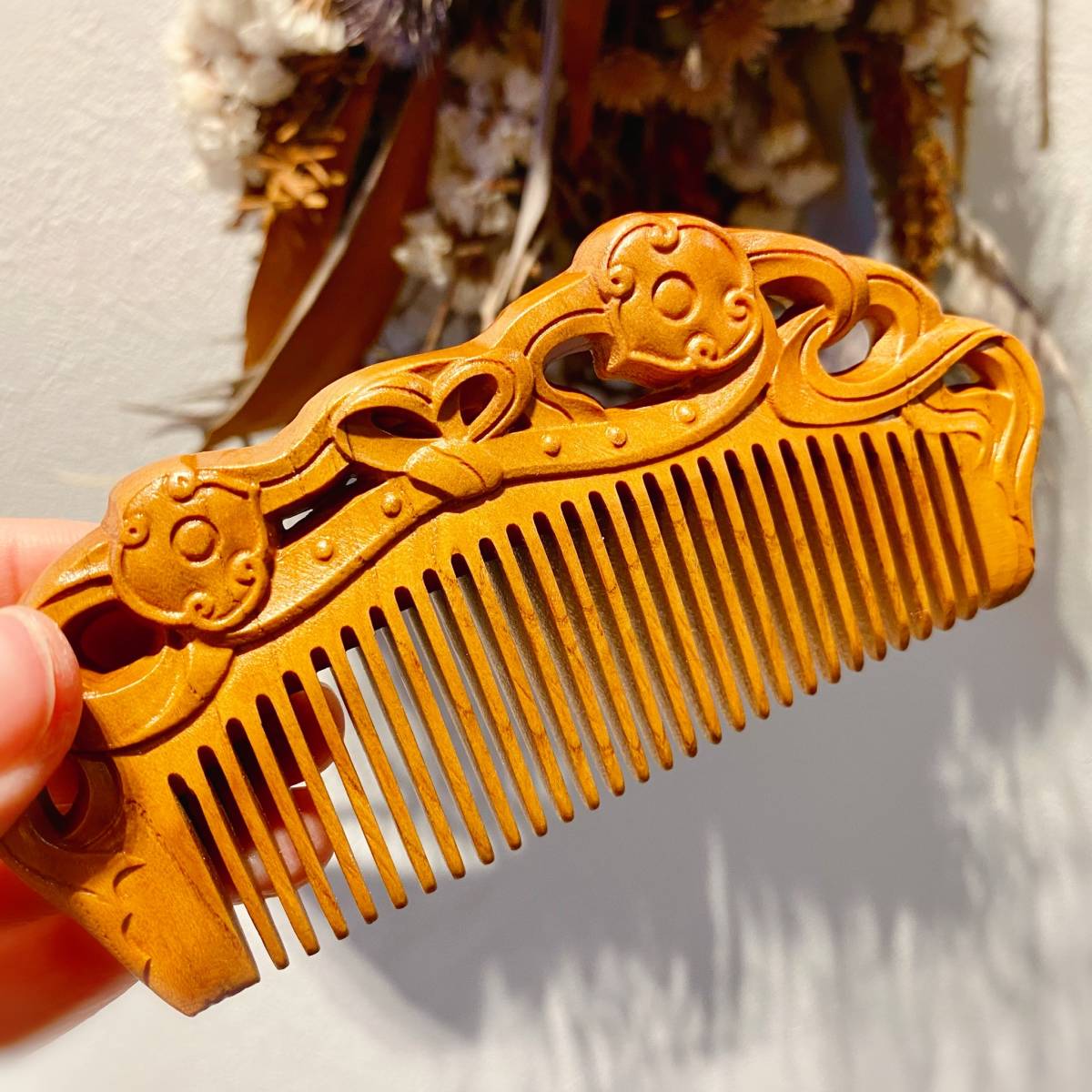 如意 桃の木 彫刻 櫛 運気アップ 厄除け お守り プレゼント くし クシ ブラシ拍卖