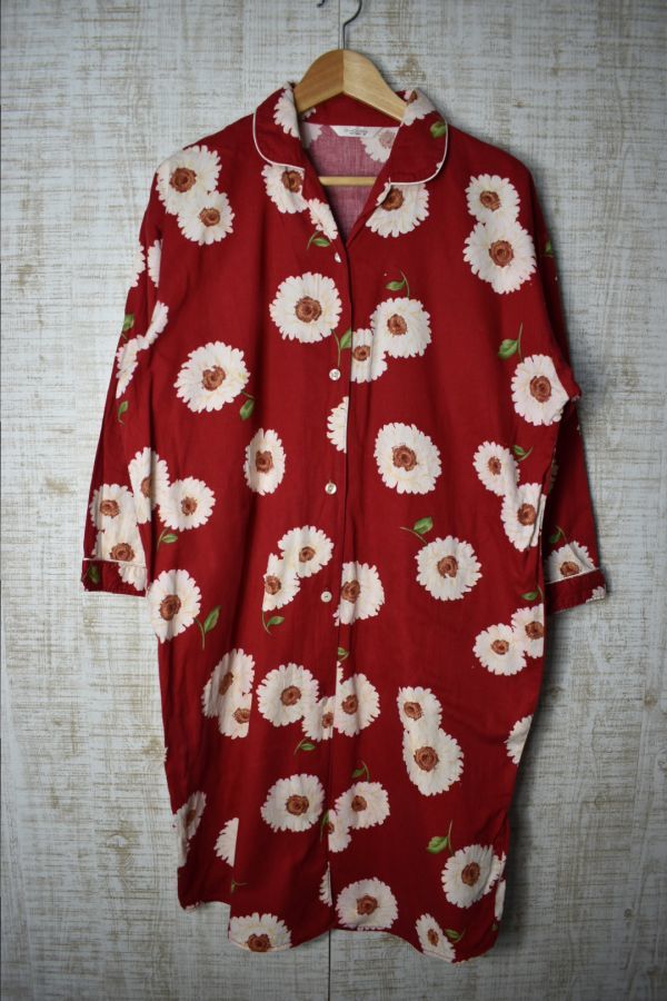 ☆US古着 パジャマ ナイトウェア シャツコート ロング丈 花柄 レッド赤【M】コットン綿 ◆3305◆拍卖