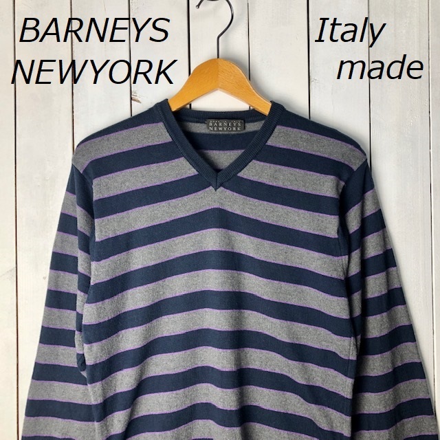 BARNEYS NEWYORK イタリア製 コットンVネックボーダーセーター M バーニーズニューヨーク スプリングニット 薄手 オールド ●158拍卖