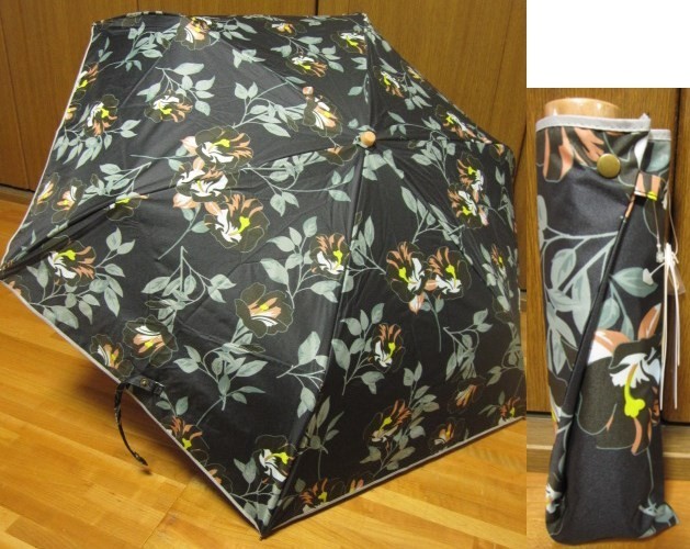*難有*新品*黒×花柄*晴雨兼用*3段折りたたみ傘*99%UVcut*GENUINE UMBRELIA WORKS*紫外線対策*安全カバー*拍卖