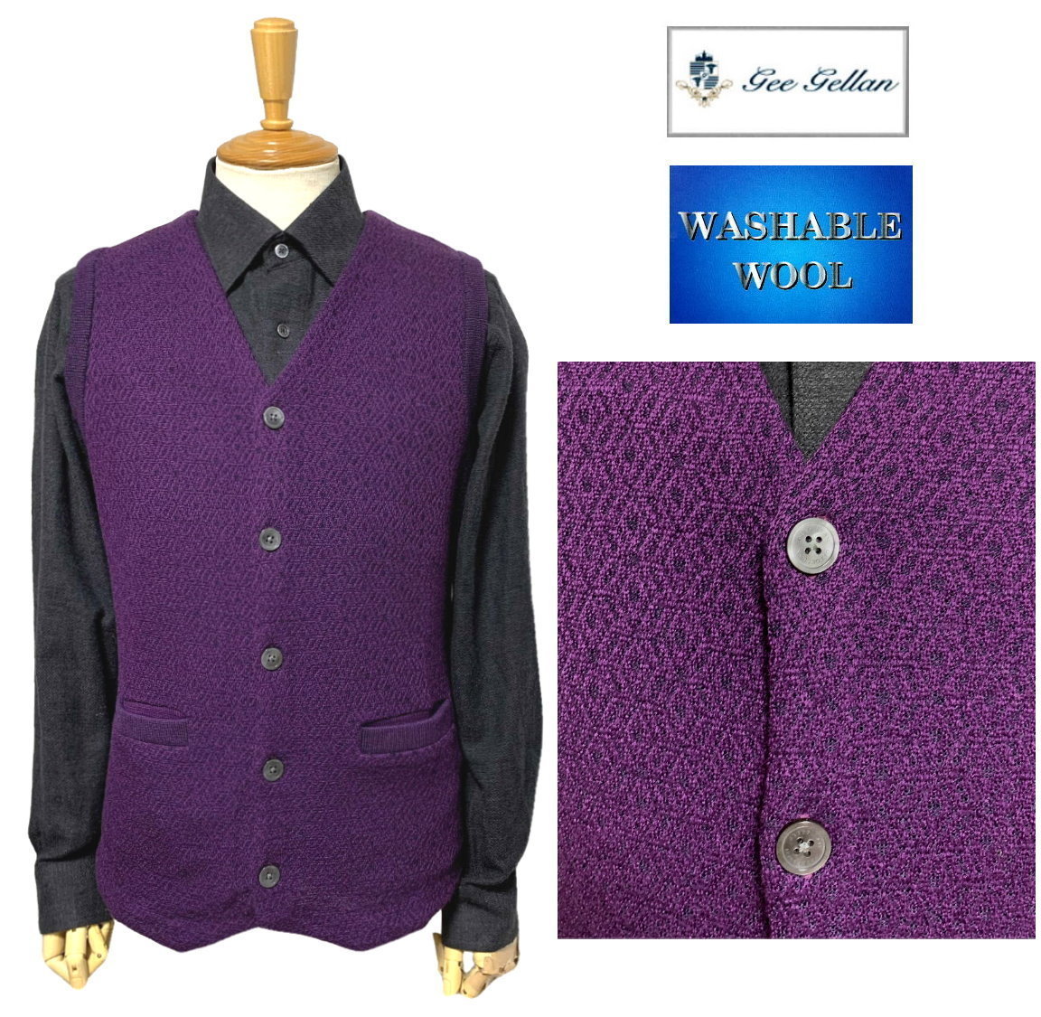GEE GELLAN ジーゲラン GEEGELLAN ウォッシャブル ウール100% ニットベスト パープル size46 M拍卖