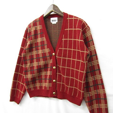 Vintage サイズ M Leslie Fay アシンメトリー アクリル カーディガン ニット セーター チェック レッド 古着 ビンテージ 1F2120拍卖