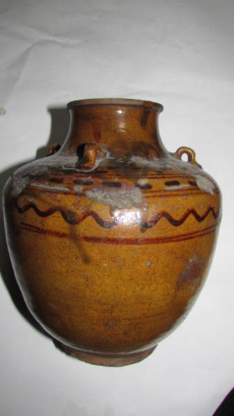 (旧家・蔵出し)(江戸時代前期・黄唐津焼四耳壺)貴重珍品・残念物拍卖