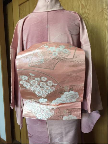 【袋帯】正絹/長さ432cm/幅31cm/六通/ 扇面に四季花/紅梅色拍卖