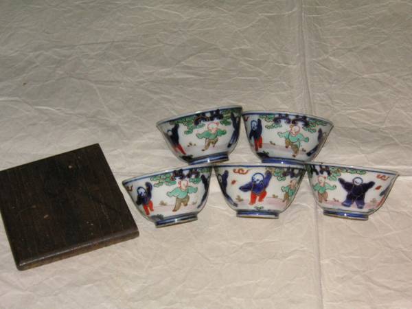 煎茶道具5客 茶碗 猪口 唐子 色絵 明治頃 共箱拍卖