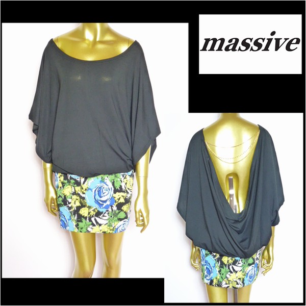 新品 タグ付き AC2101 背中開き バラ柄 ミニワンピ ワンピース ローズ柄 M ブラック ブルー 黒 青拍卖