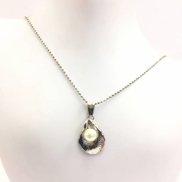 【ネックレス】約38+5cm パール1粒 葉っぱ 貝殻 シンプル シルバーカラー 銀色拍卖