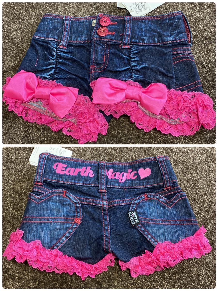 新品タグ付きアースマジック ガーターリボンデニムショートパンツ120 別サイズ有 Earth Magic拍卖