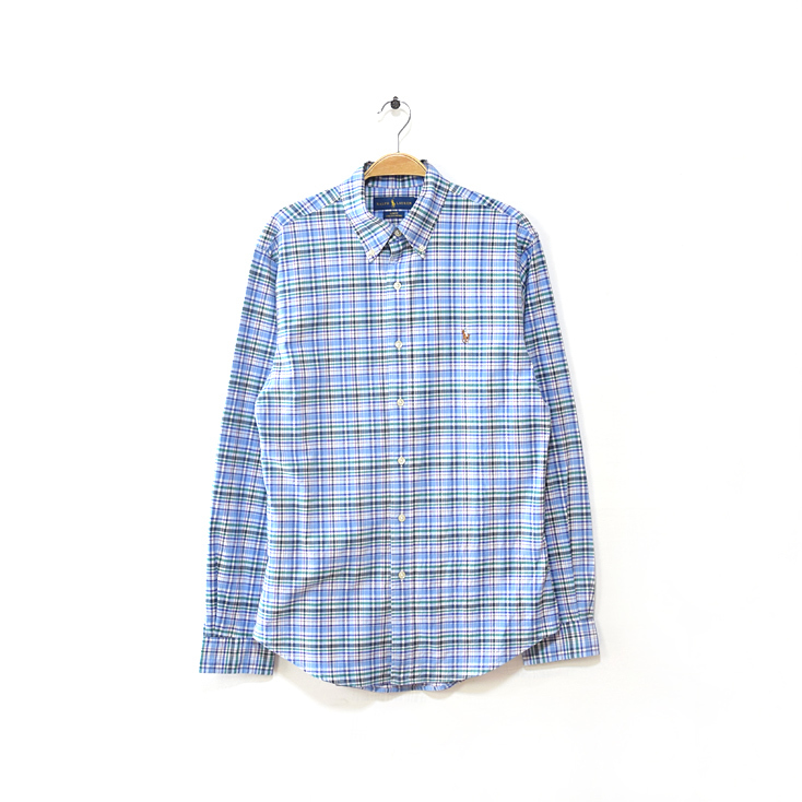 【送料無料】ラルフローレン スリムフィット ストレッチオックスフォード コットン 長袖シャツ BDシャツ チェック柄 メンズM 古着 CA0597拍卖