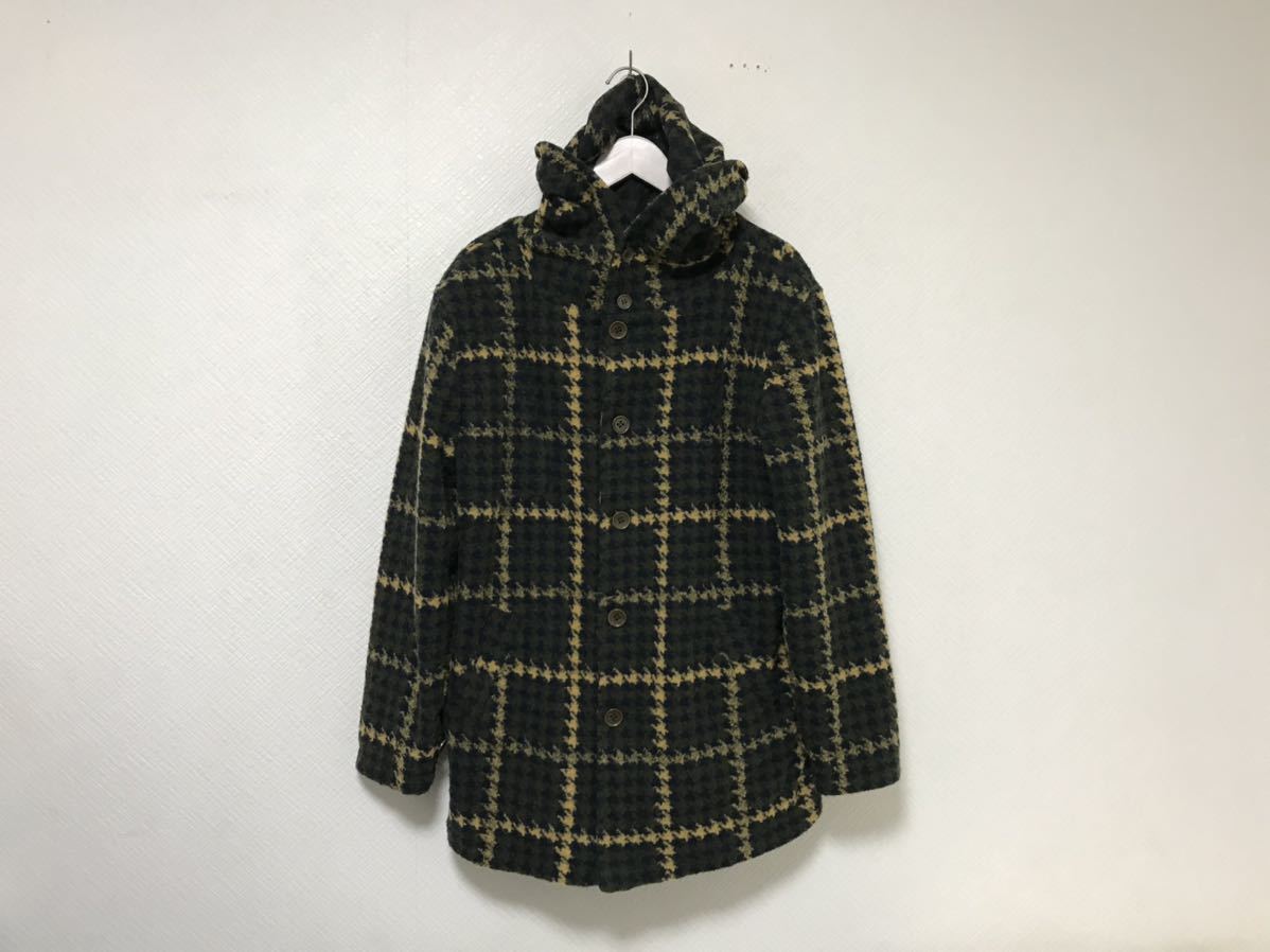 本物アンジェロブロスANGEEBROSアンジーチェック柄ロングコートパーカージャケットメンズ48L紺ネイビー茶ブラウン拍卖