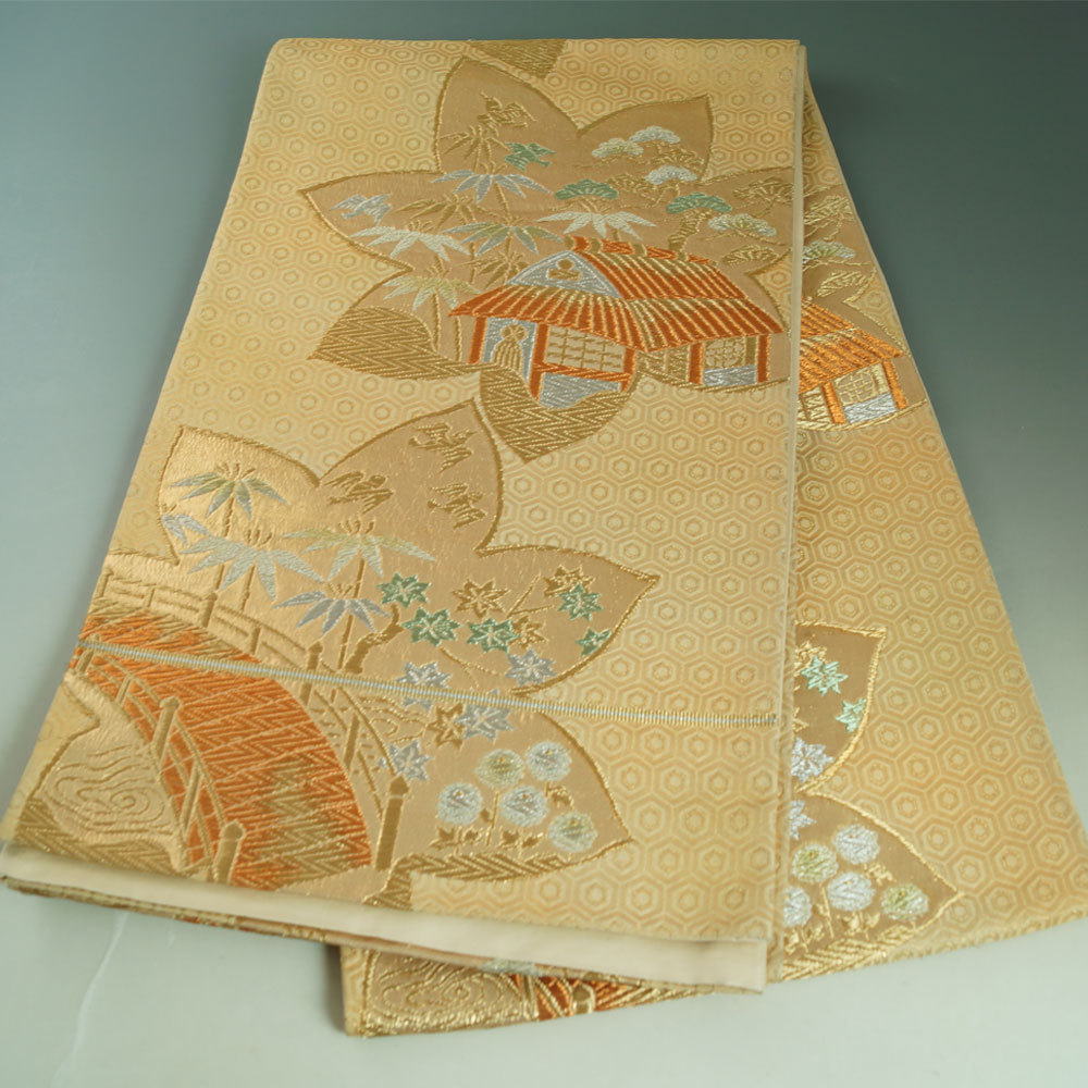 袋帯 難有品 楓に庵・橋模様 金糸 インテリア 着物リメイク・リフォーム用 素材用 中古 リサイクル 正絹 リサイクル着物 京都きもの天陽拍卖