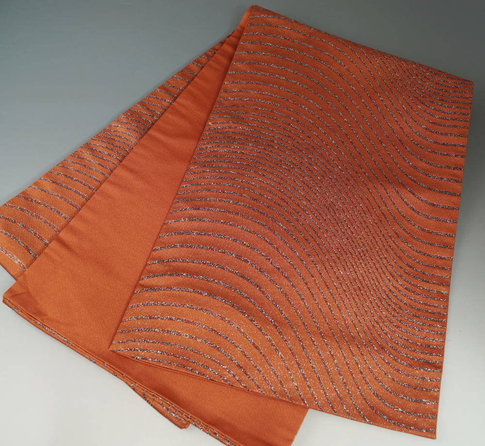 京袋帯 ラメラメライン模様 赤茶色 化繊 袋名古屋帯 中古 リサイクル着物 リサイクル カジュアル 袋帯 帯 着物 和服 きもの天陽拍卖