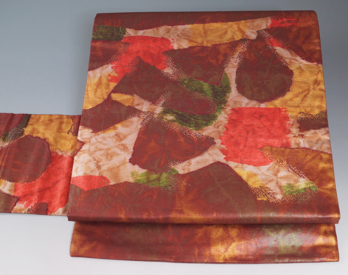 名古屋帯 抽象模様 銅色ぼかし 着物リメイク 素材用 正絹 名古屋 帯 中古 帯 リサイクル 名古屋帯 リサイクル着物 きもの天陽拍卖