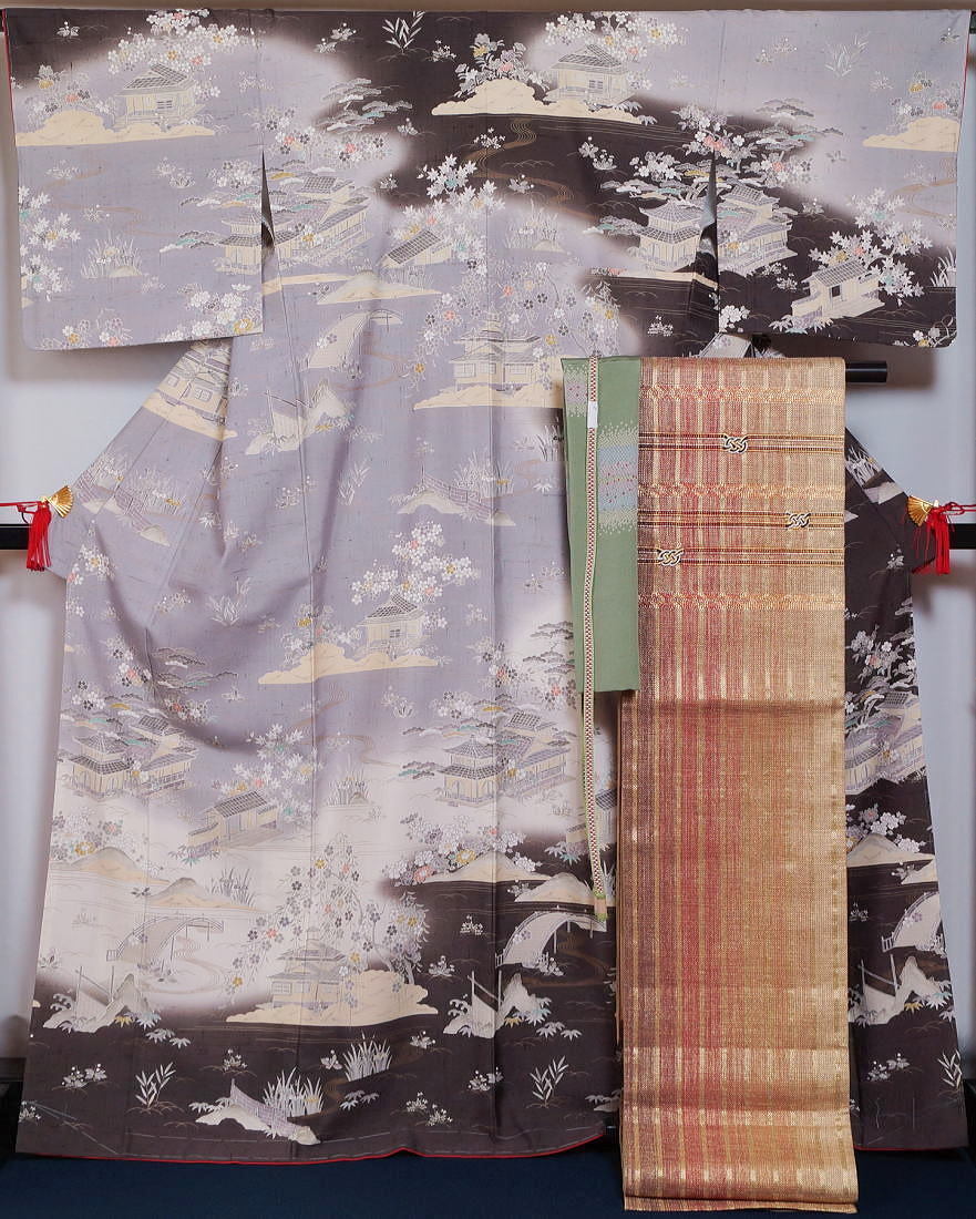 着物セット 新品 仕立て上がり しょうざん 洒落訪問着・ひなや 洒落袋帯・帯揚げ・伊賀組紐 帯締め 4点 セット 紬 洒落訪問着 きもの天陽拍卖