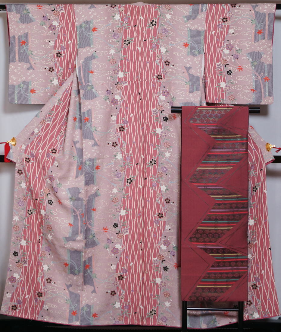 着物セット 小紋・博多織 八寸名古屋帯 セット 染め分けに春秋模様 本場筑前博多織 小紋 名古屋帯 中古 リサイクル着物 正絹 きもの天陽拍卖