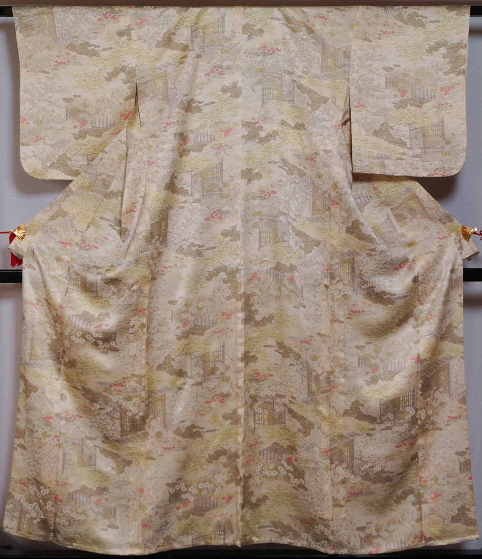 小紋 単衣 着物 春秋庭園模様 鳥の子色 正絹 着物 単衣着物 小紋 中古 リサイクル着物 きもの天陽拍卖