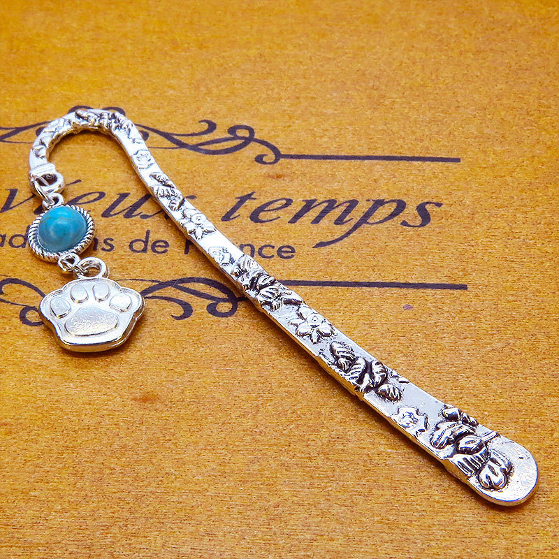 シルバーカラーの肉球とターコイズを組合せたブックマーカー 栞 しおり 花柄模様 猫 犬拍卖