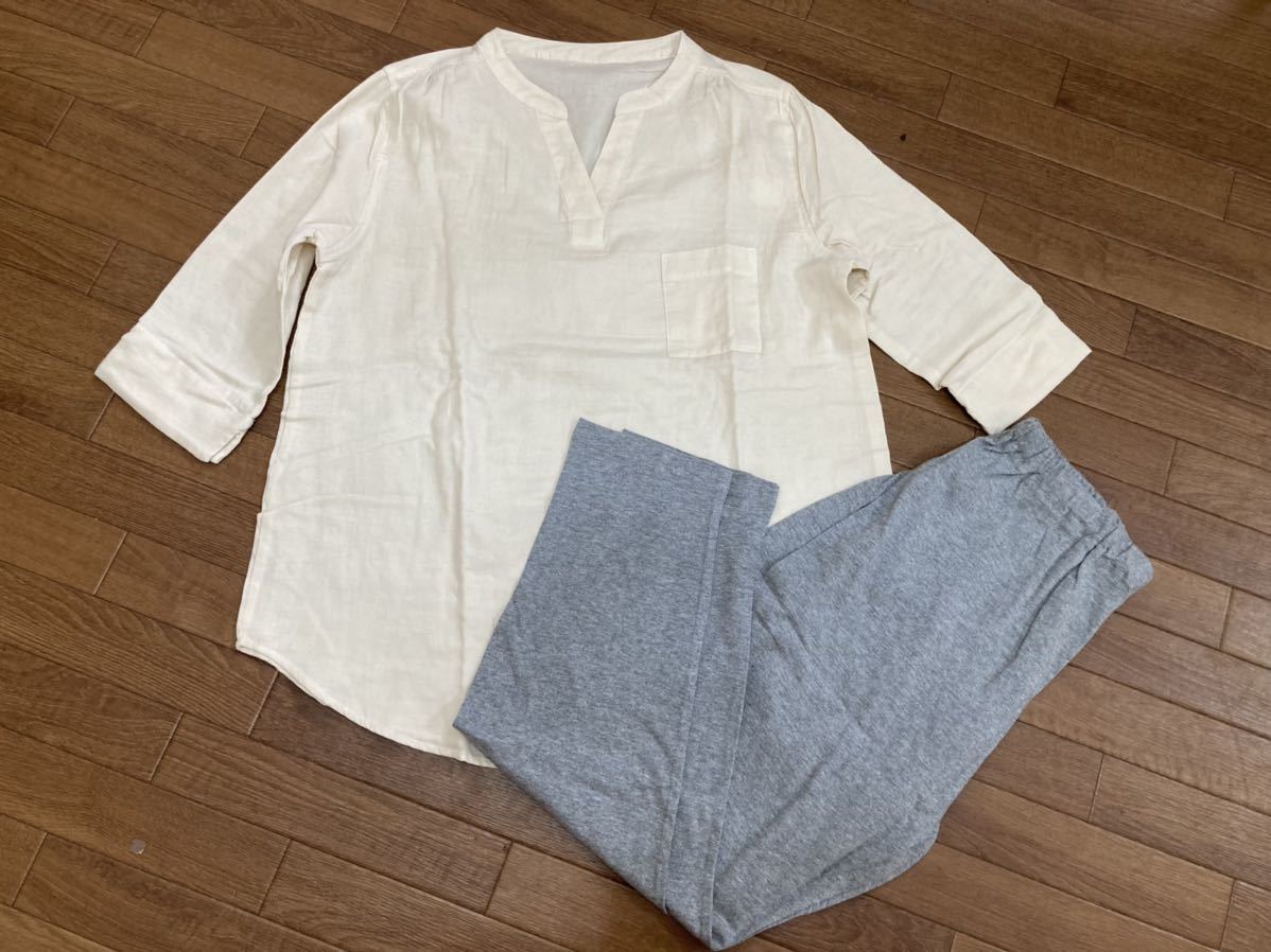 新品★異素材さらり七部袖トップス&パンツ 爽やかパジャマ★L拍卖