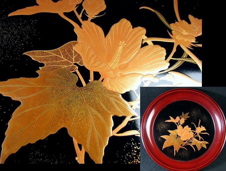 時代 蒔絵 芙蓉文 菓子皿 丸盆 幅:24.5cm 5枚の内:No5 /21g074拍卖